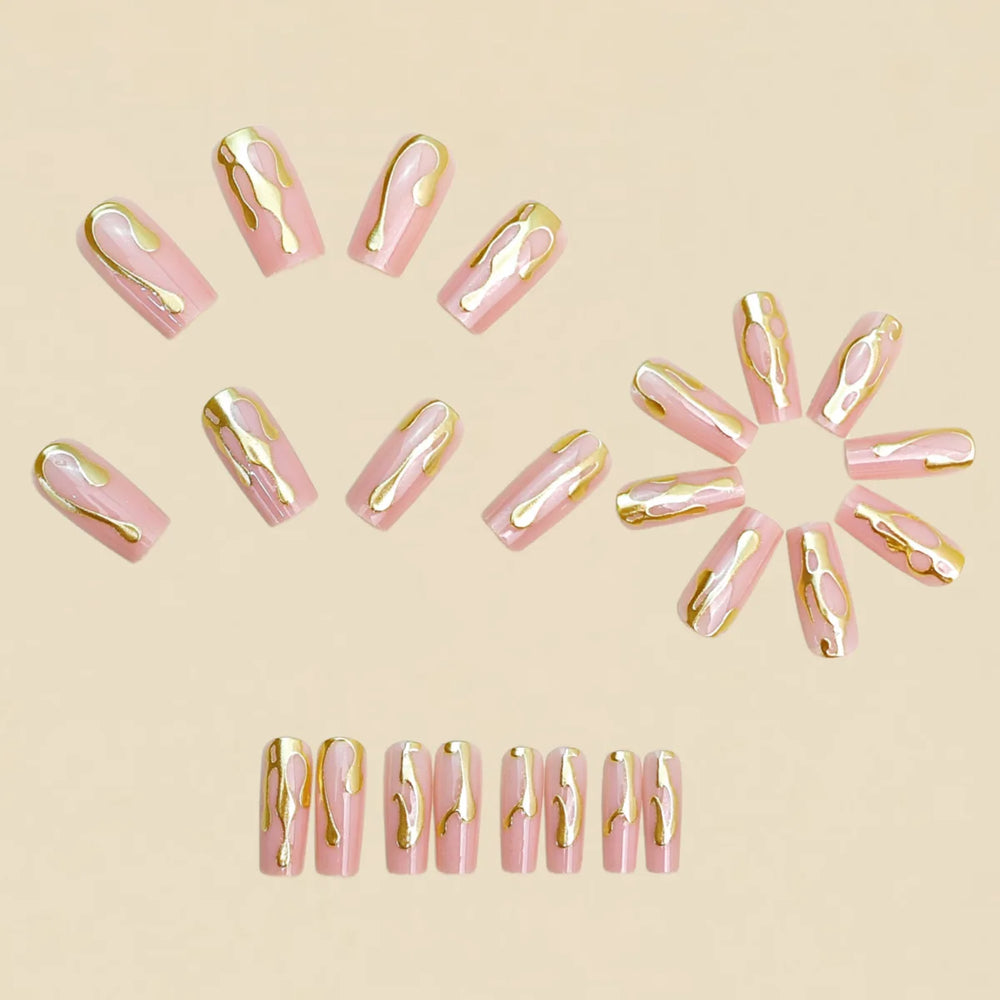 3D Gold Gilded Nude Square Press-On Nails – Medium Long