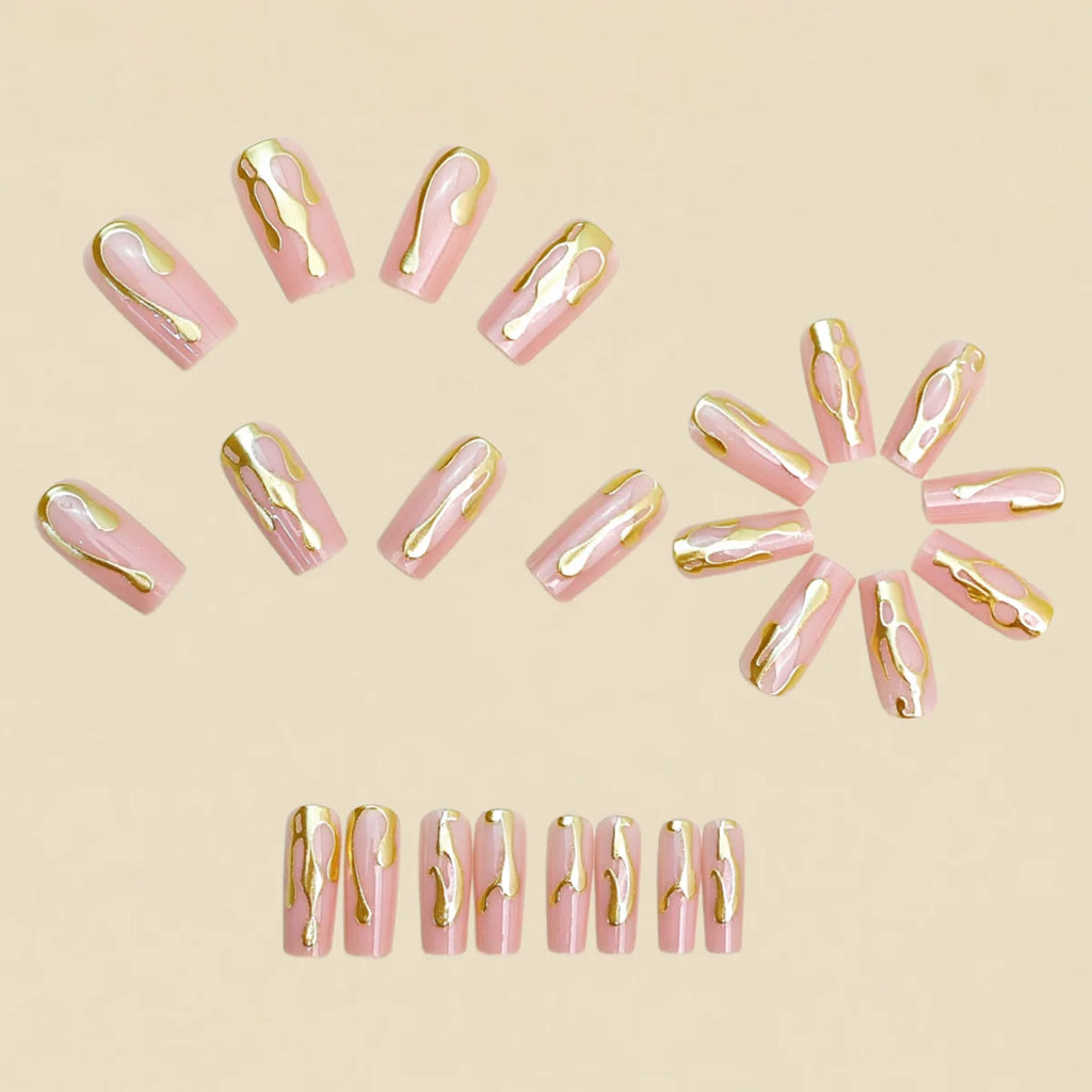 Medium long fake nails for women 3D golden gilding in nude quare nail tips full cover reusable press on Artificial Nails set
