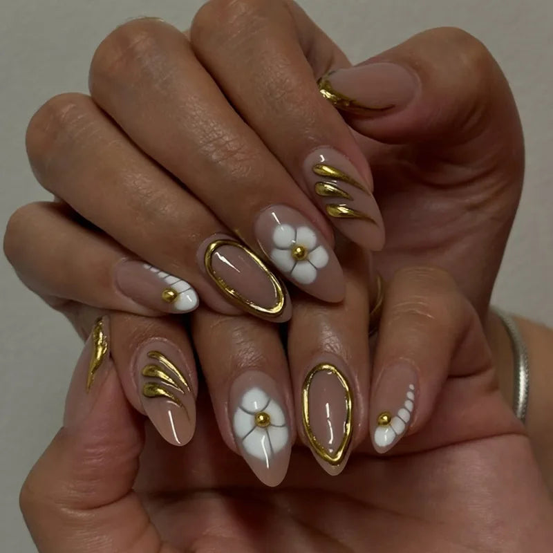 3D Embossed Flower Pearl Rhinestone Almond Press-On Nails – Medium, 24 Pcs