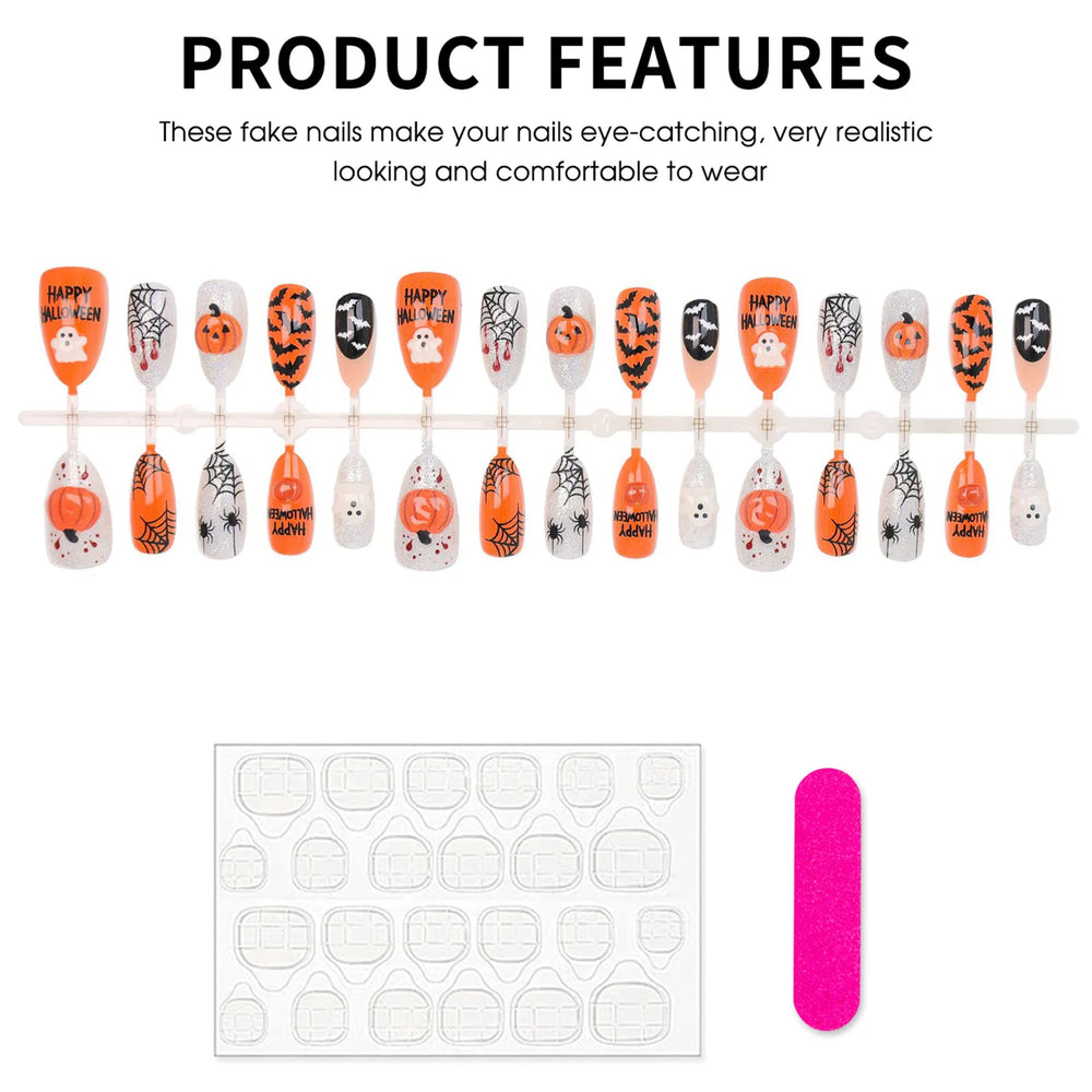 Cute Ghost Pumpkin & Bat Halloween Press-On Nails – Almond, 30 Pcs