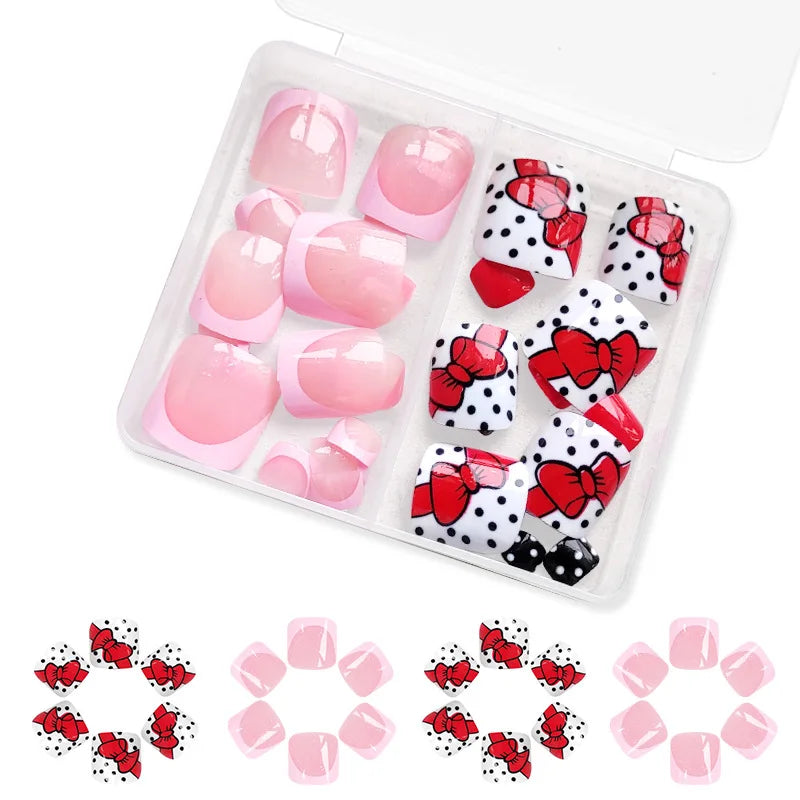 48pcs/set fake nails for toenail cute french style bow polka dots and nude pink square nail tips full cover press on false nail