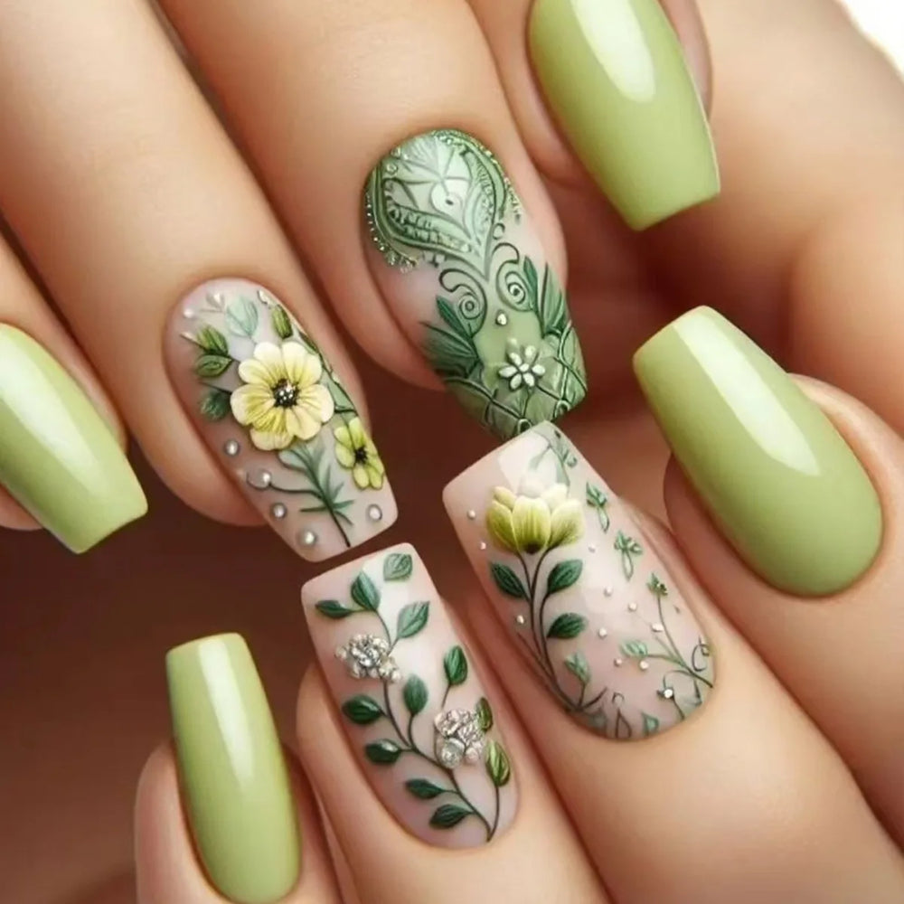 Purple Blue Red Brown Flower & Butterfly Ballet Press-On Nails – Short/Medium Square, 24 Pcs