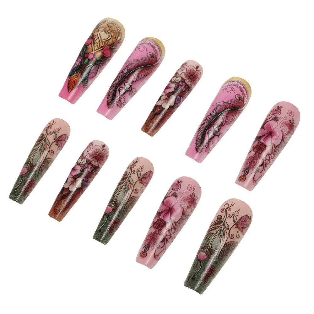 24pcs/Set Medium Long Ballet Nail Tips Press-On False Nails with Heart Pink Cherry Blossom Blue Green Purple Flower feather tips