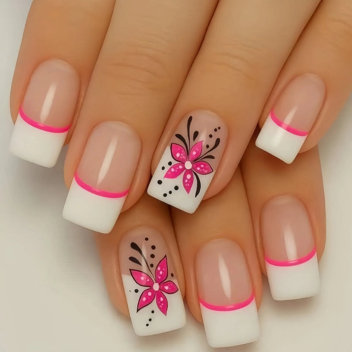 Medium fake nails for women girls French strips black white pink Square tips with flowers for Spring summer press on false nail