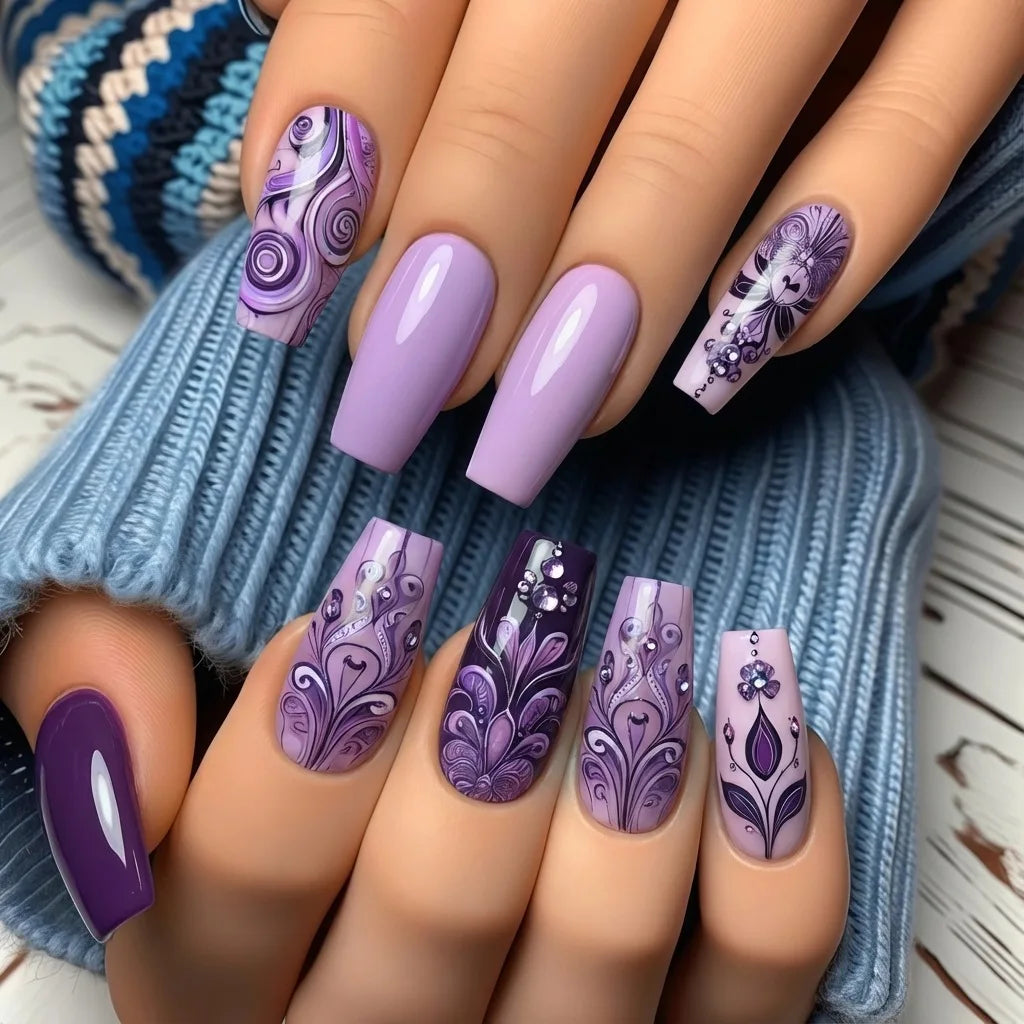 Medium Fake Nails for Women Girls Gradient Purple Colors Flowers Wave Strips Design French Ballet Nail Tips Press On False Nail