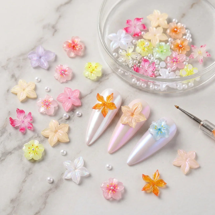 3D Ice Flower & Pearl Mixed Nail Charms – 30/50 Pcs