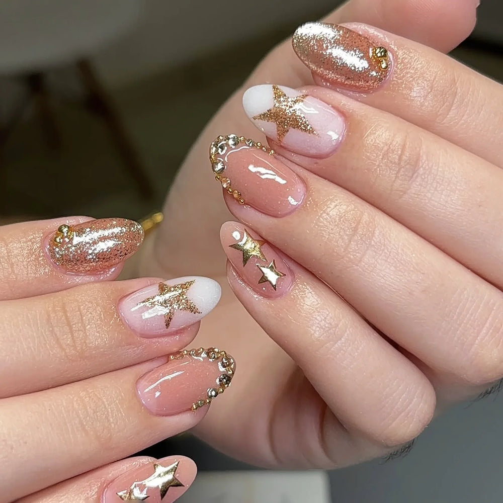 Star & Stripe Blush Y2K Press-On Nails – Short Almond, 24 Pcs