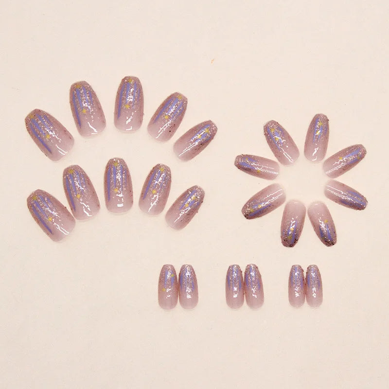 Short fake nails for women girls nude purple color with sparkling glitters in Square ballet shape full cover press on false nail
