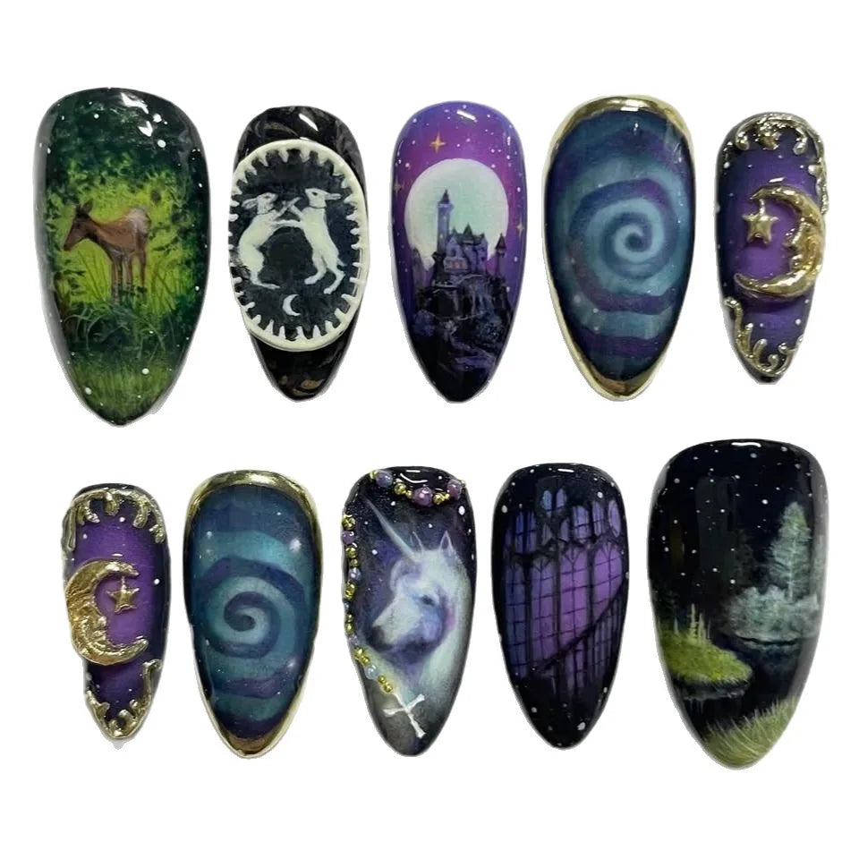 Fantasy Celestial Horse Art Press-On Nails – Almond, 24 Pcs