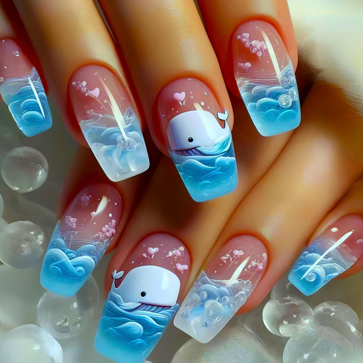 24pcs/set Medium Long Fake Nails for Summer Gradient Blue Ocean Jellyfish Water Plan Fish Cute Square Tips Press On False Nail