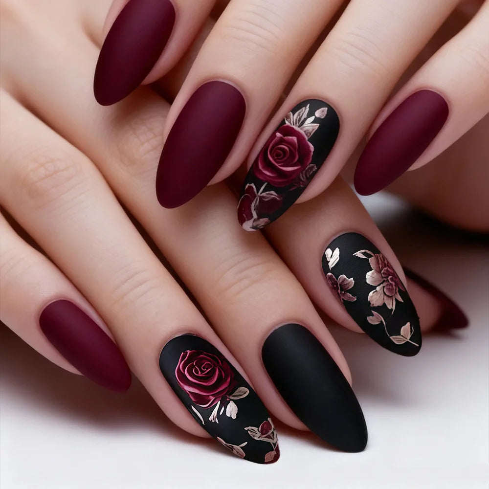 Medium long fake nails for women girls Pink red black flowers for Valentine's Day full cover almond ballet tips press on nail