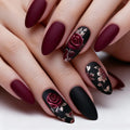 Medium long fake nails for women girls Pink red black flowers for Valentine's Day full cover almond ballet tips press on nail