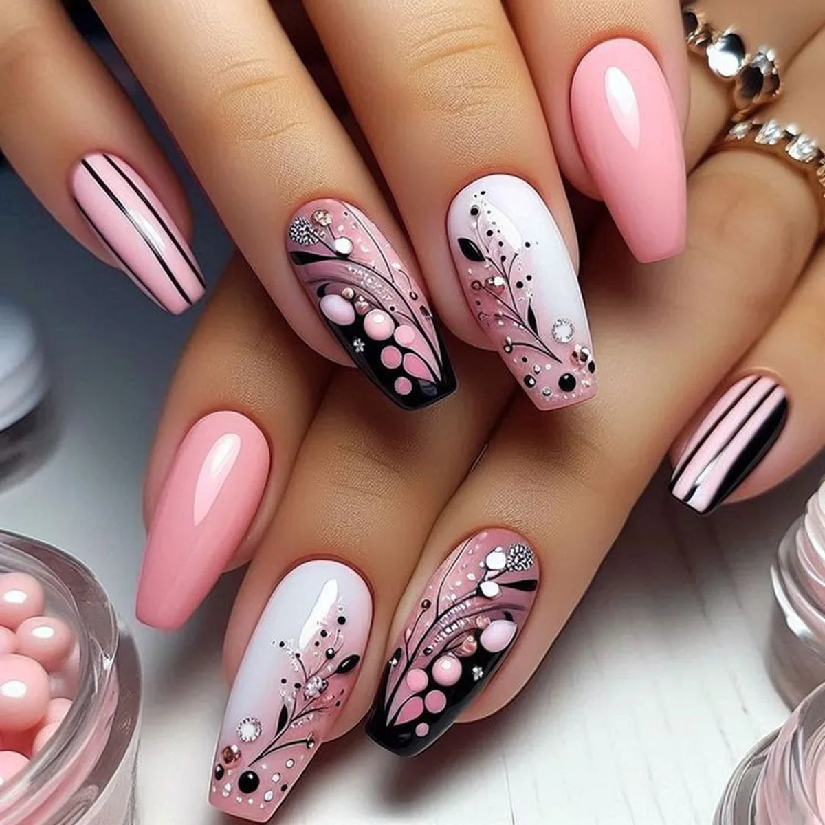 Medium fake nails for women gilrs Gradient pink green with flowers design for Spring summer full cover press on acrylic nail