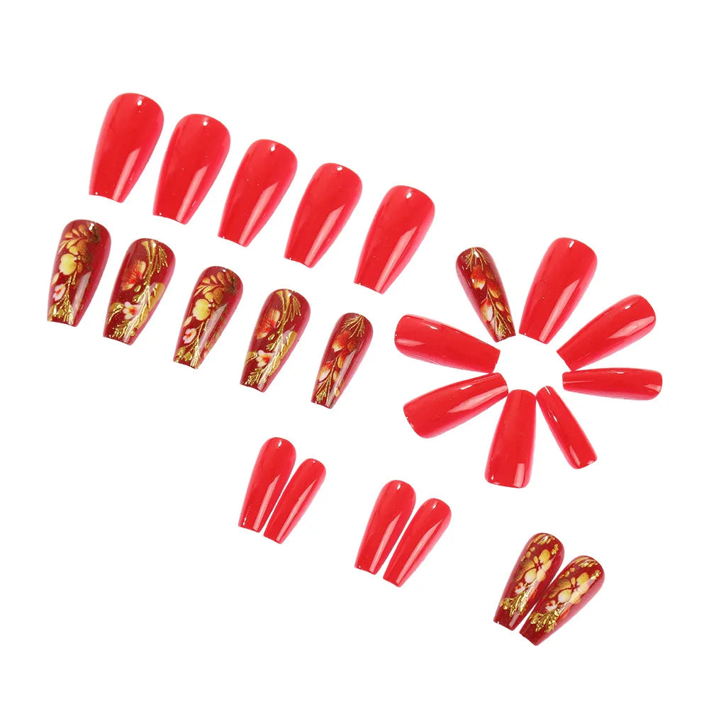 3D Gold Gilded Flower & Leaf Ballet Press-On Nails – New Year Red, Medium