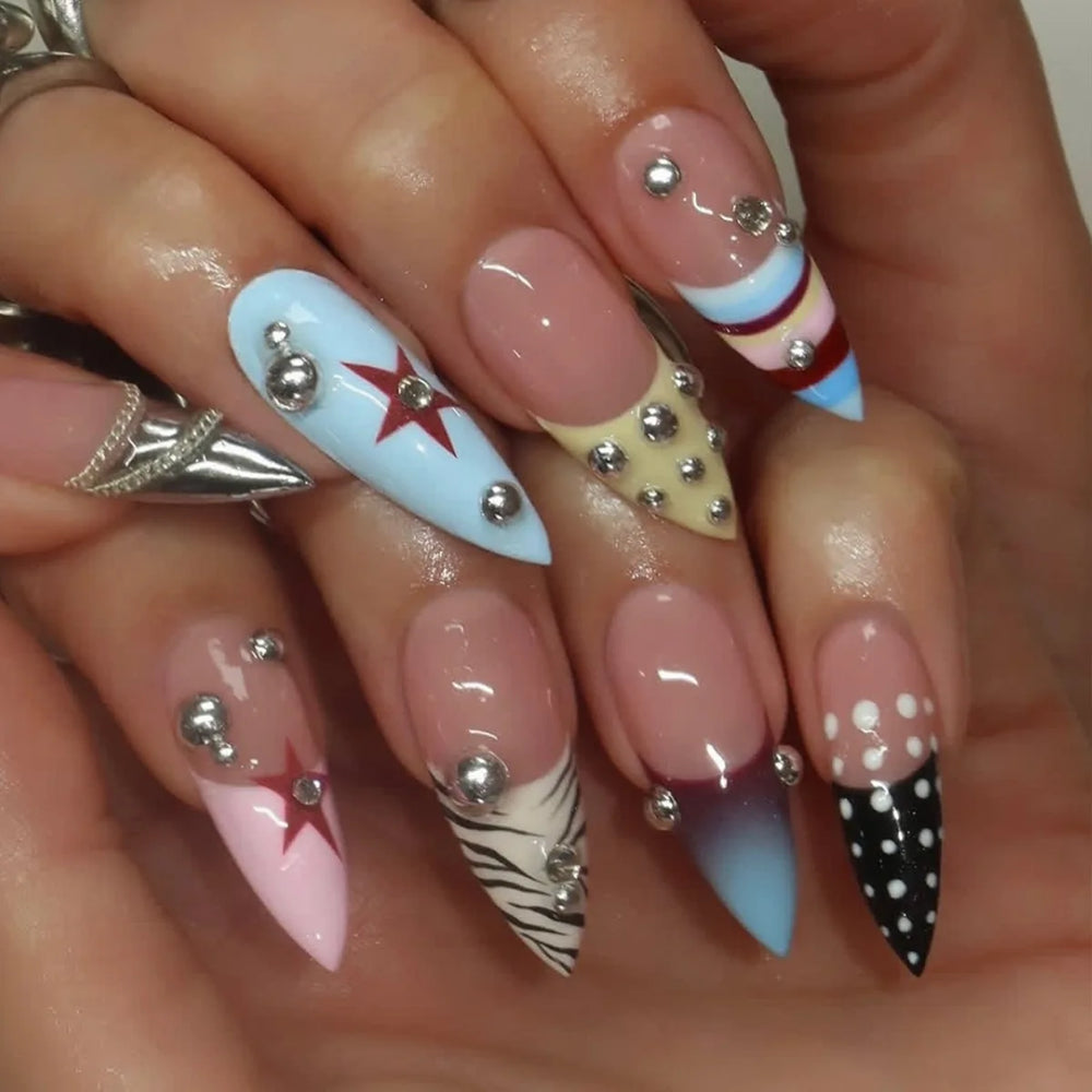 Y2K Star Chain Polka Dot Press-On Nails – Long Stiletto, 24 Pcs