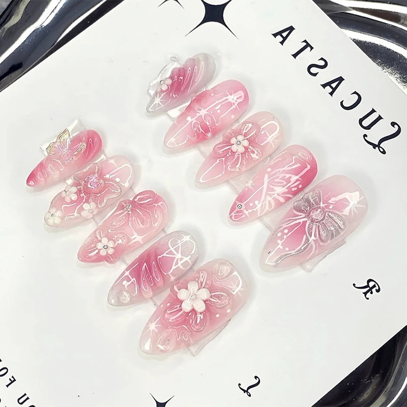 3D fake nails for women girls Gradient pink colors with flowers butterfly design almond nail tips full cover press on false nail
