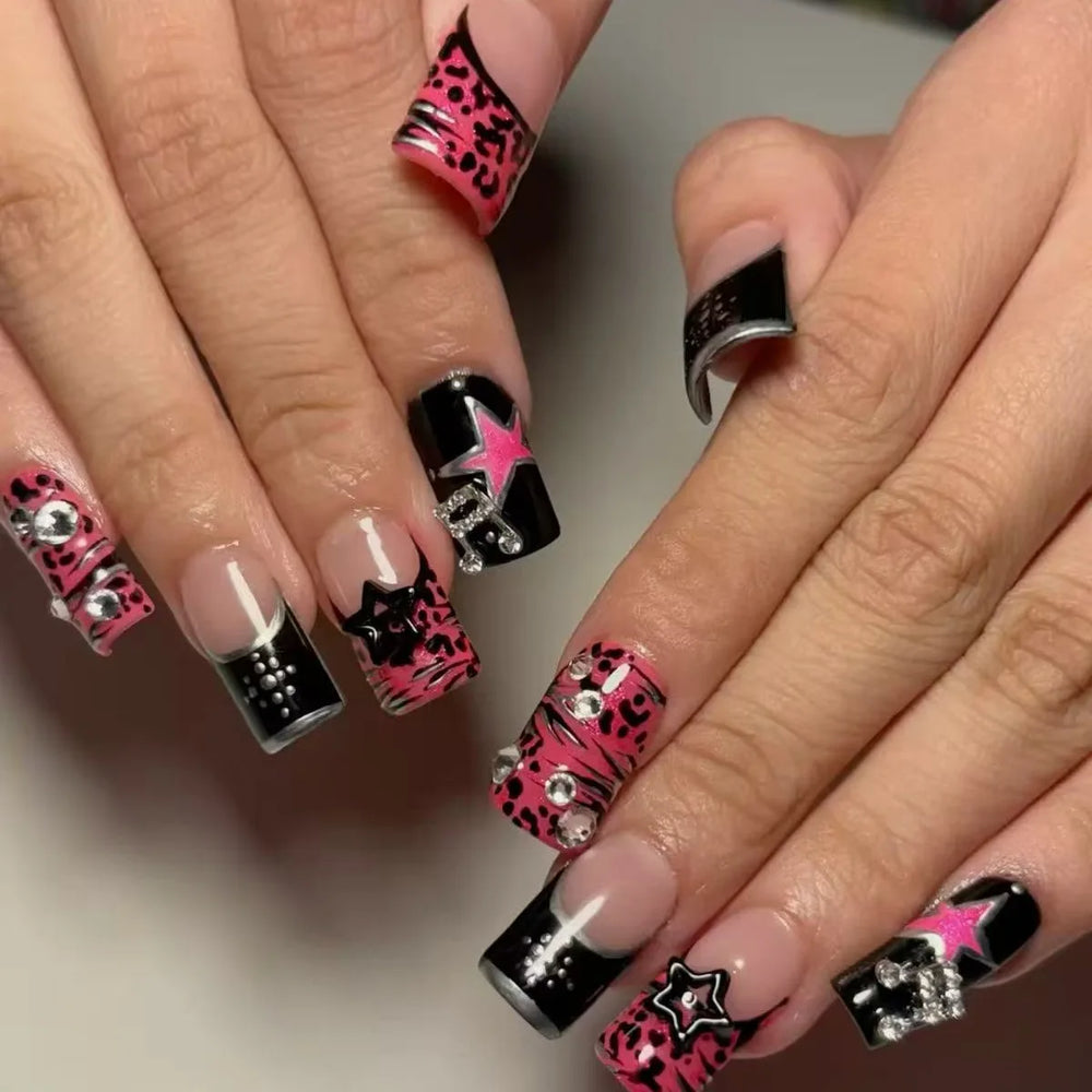 Pink & Black Leopard Star French Press-On Nails – Medium Square, 24 Pcs