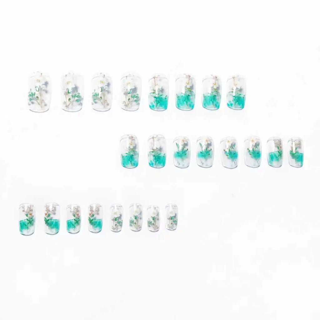 24pcs/set fake nails for women girls Half clear square nail tips gradient green white flowers full cover press on false nail