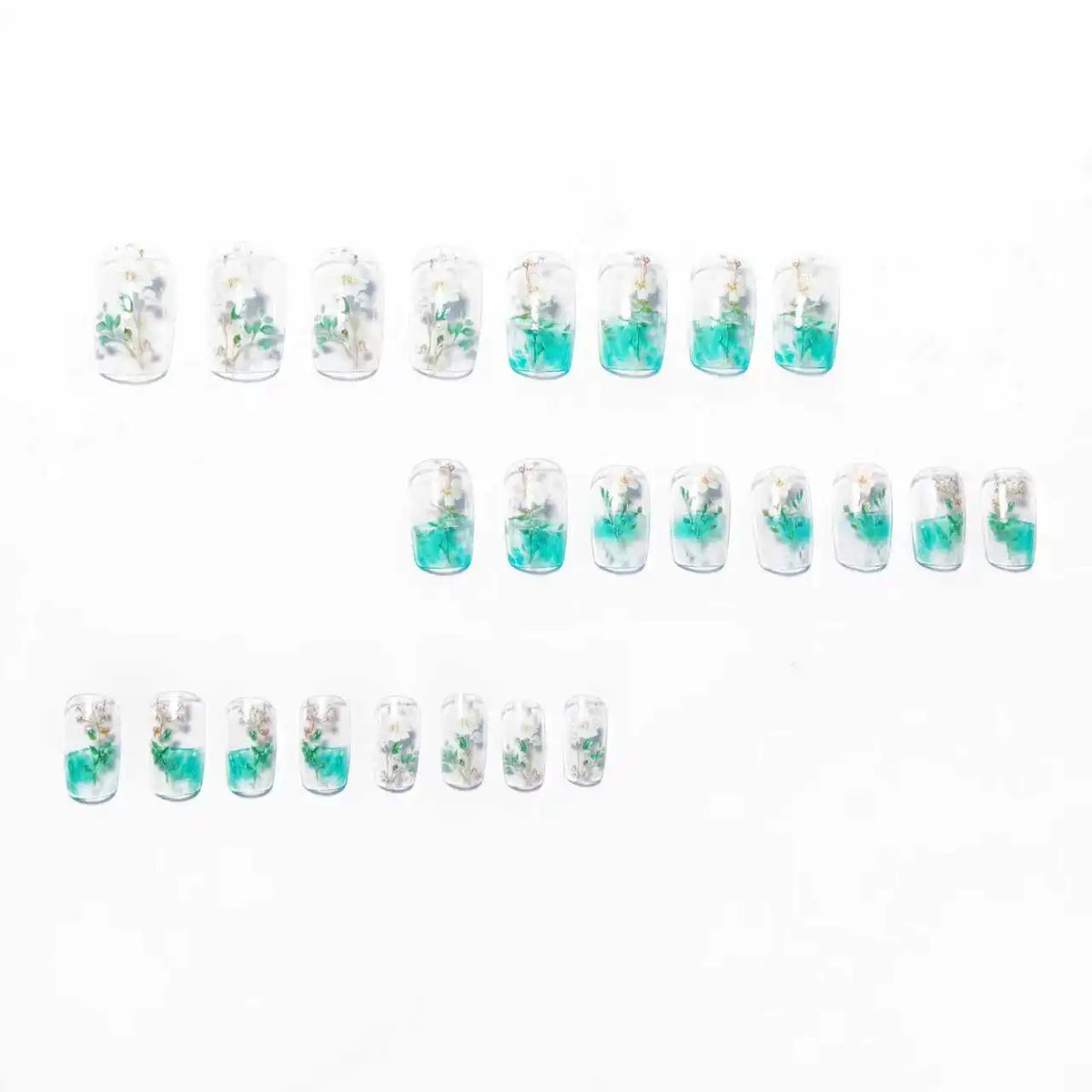 24pcs/set fake nails for women girls Half clear square nail tips gradient green white flowers full cover press on false nail