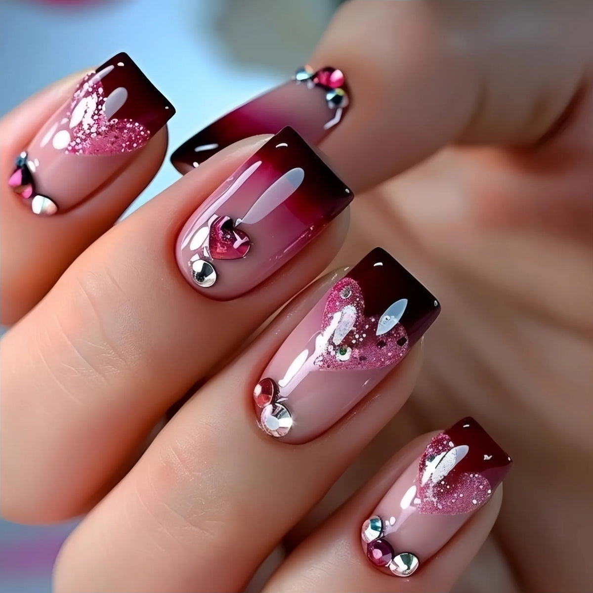 Medium long fake Nail Tips with 3D Heart Flower Design gradien purple red French Square Ballet tips Press-On false nail art set