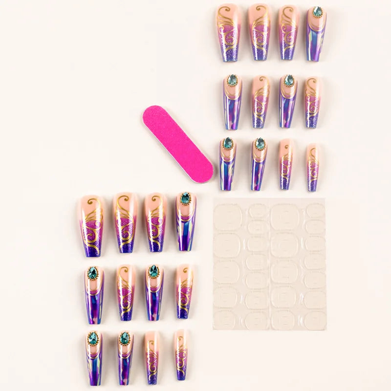 Medium long fake nails for women gradient purple or green colors flowers mermaid or butterfly design full cover press on nails