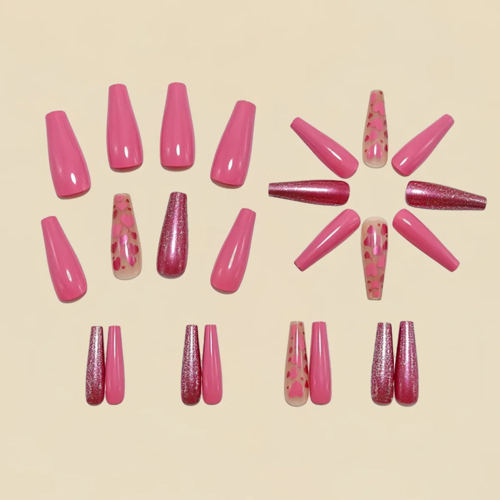 Pink & Blue Heart Wedding Valentine's Ballet Press-On Nails – Medium Long Square