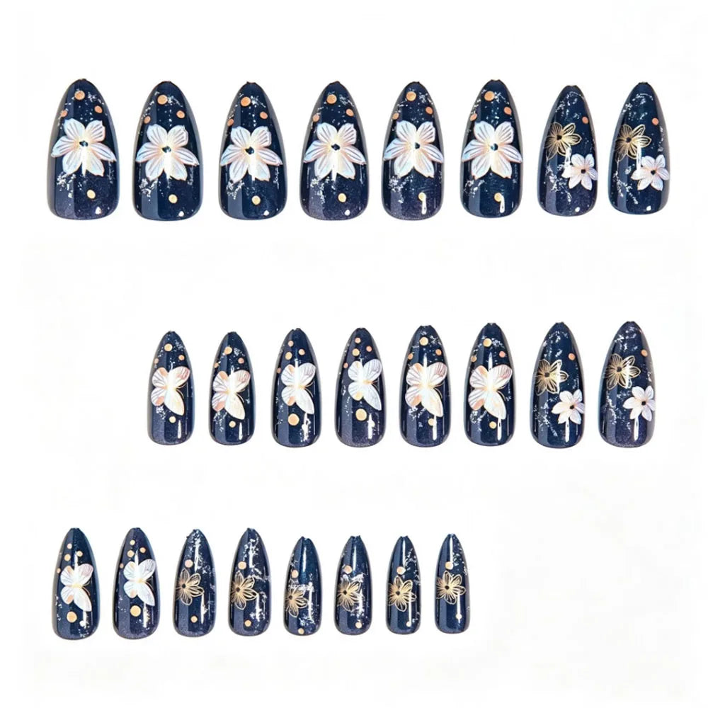 24pcs/set fake nails Glossy Navy Black almond nail tips with golden white flowers butterfly polka dots press on false nails art