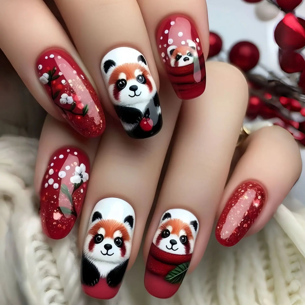 24pcs/set Medium fake nails for women gilrs cute bear Owl animals design glossy Ballet shape nail tips press on false nail art