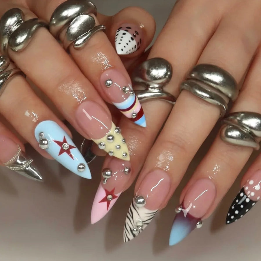 Y2K Star Chain Polka Dot Press-On Nails – Long Stiletto, 24 Pcs