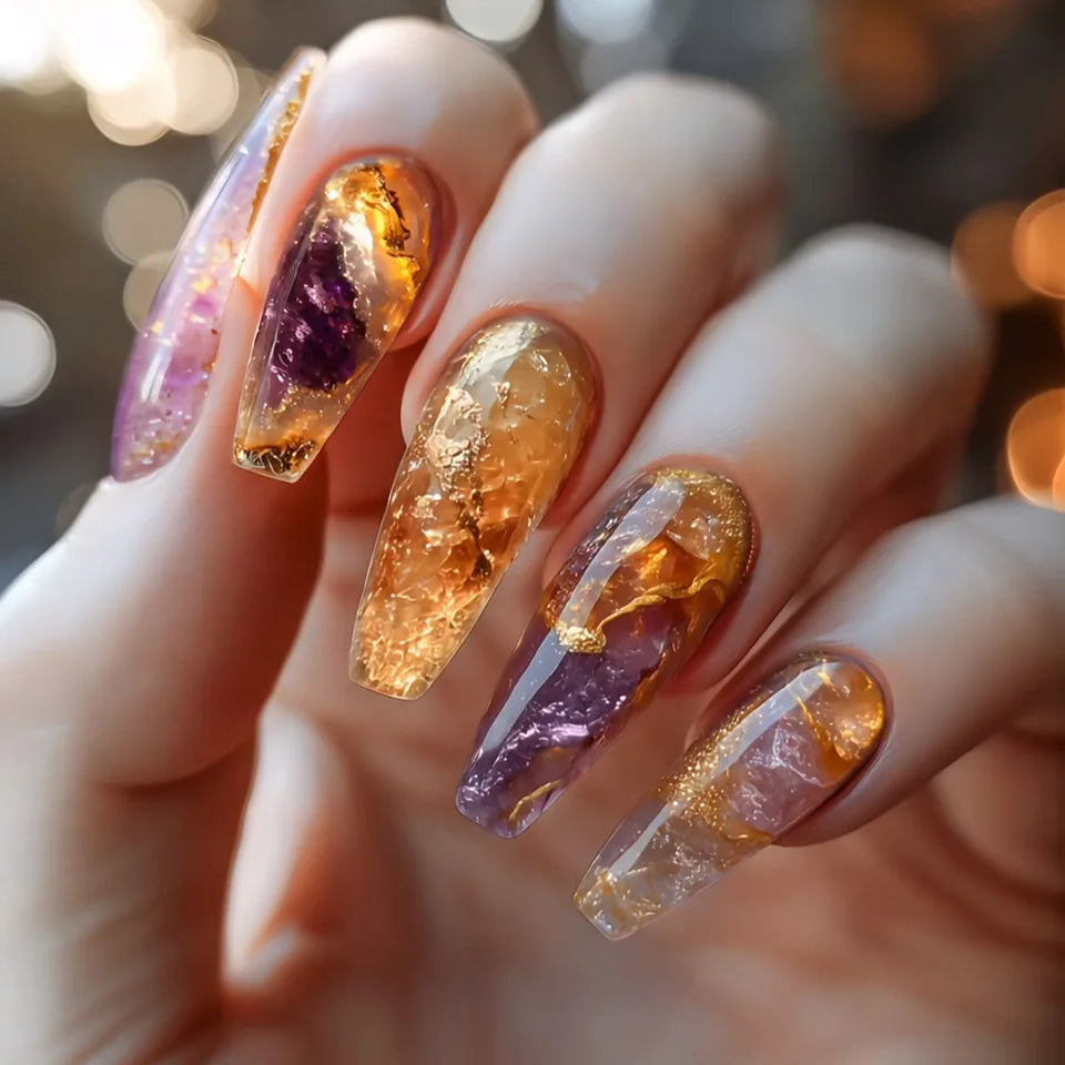 24pcs/set Medium long fake nails for summer season gradient dream blue golden Pink flash star wave lines press on false nail art