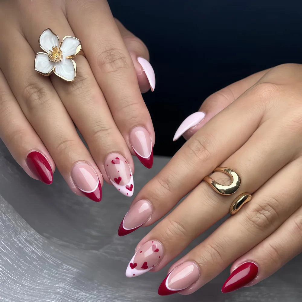24pcs/set Fake Nails for Women Girls Chocolate Red Heart Design for Valentine's Day Almond Nail Tips Press On False Nail Art Set