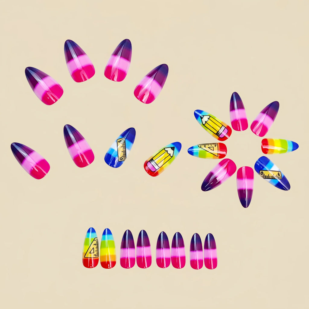 Medium fake nails for women girls Y2K Campus Pencil design black yellow purple pink blue almond nail tips press on false nail