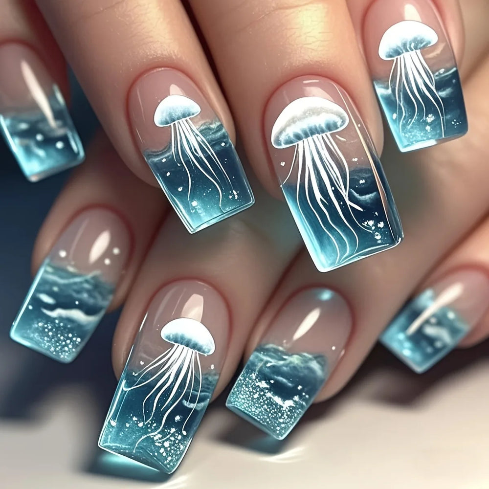 Blue Ocean Fish & Jellyfish Press-On Nails – Medium Long, 24 Pcs