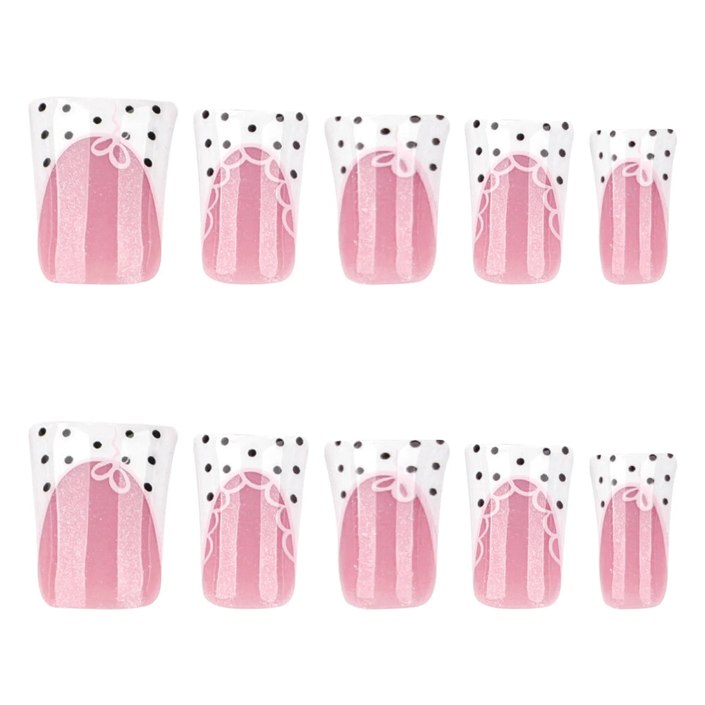 White French Black Polka Dot Lace Press-On Nails – Duckbill, 24 Pcs
