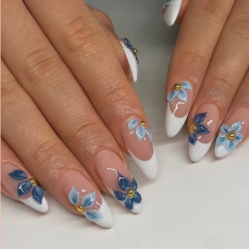 Medium fake nails for women Gradient nude brown blue flowers or rhinestones fall winter almond tips press on false nail art set