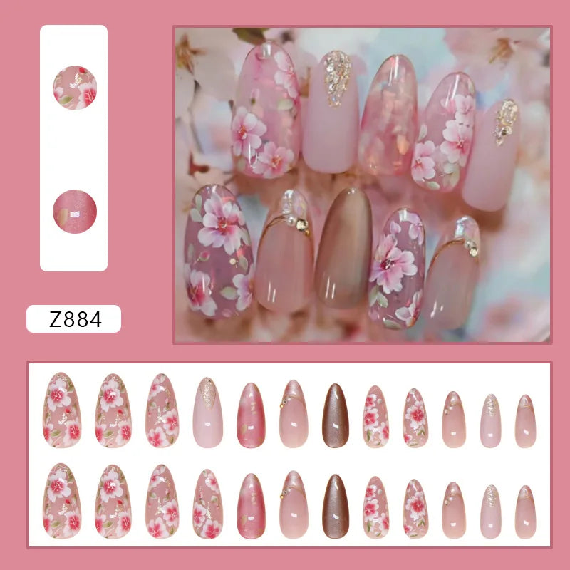 24pcs/set Medium fake nails for women girls gradient pink blue flowers heart glossy glass cat eyes full cover press on nails