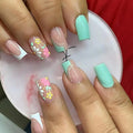Medium Square fake nails for women french style nude green yellow blue pink flowers for spring summer full cover press on nail