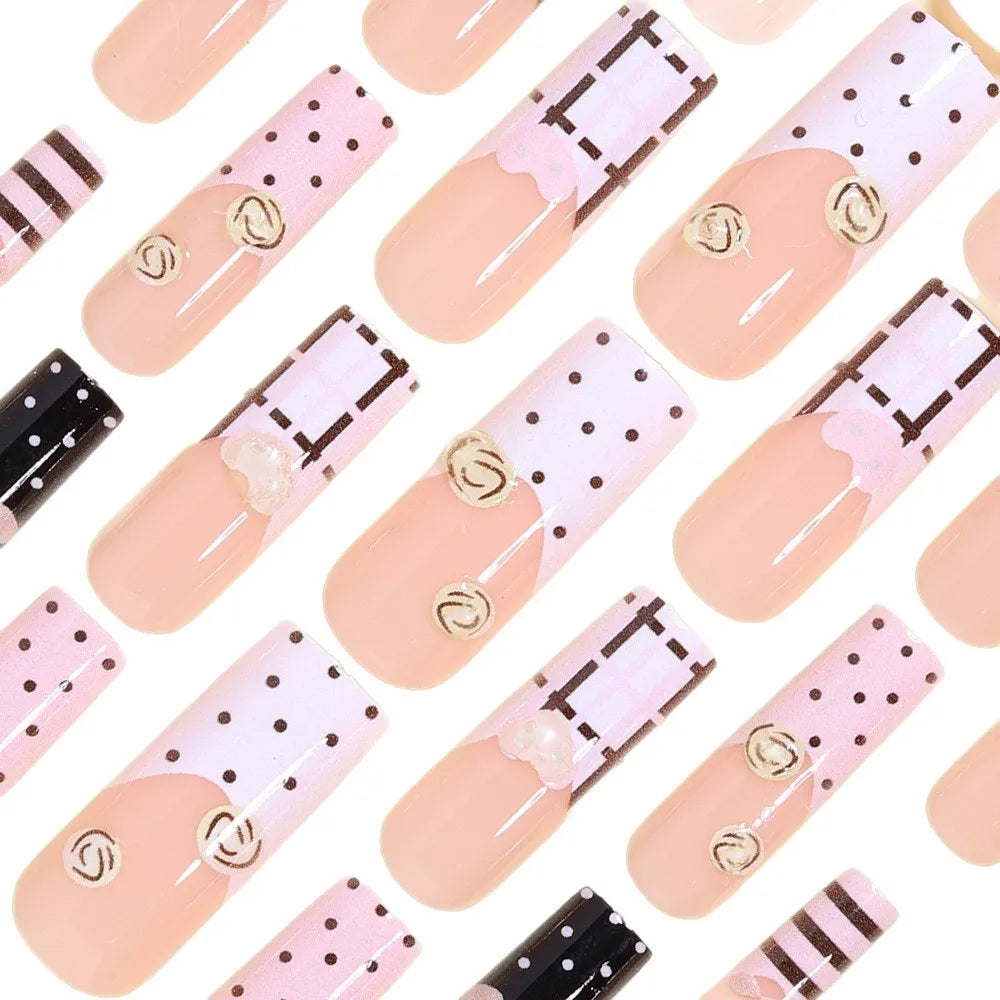 Cartoon Bow & Lollipop Polka Dot Press-On Nails – Long Square, 24 Pcs