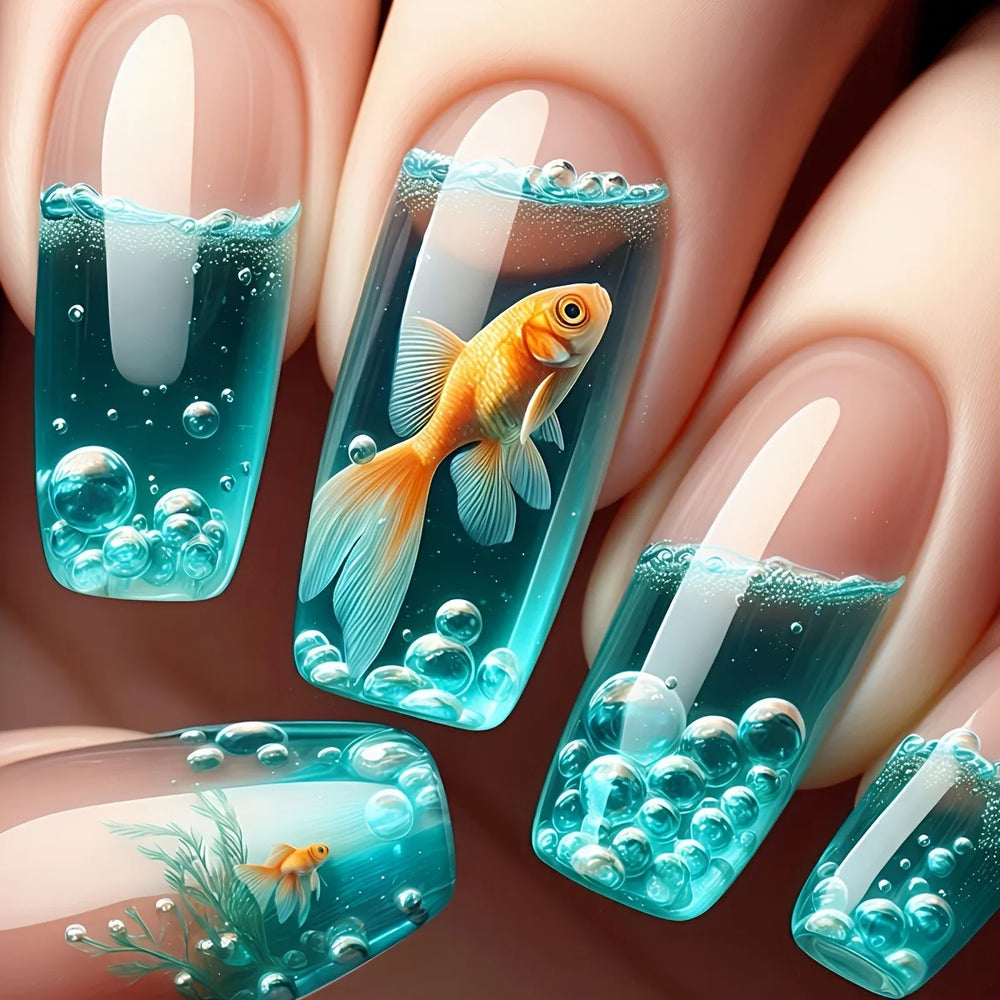 Blue Ocean Fish & Jellyfish Press-On Nails – Medium Long, 24 Pcs