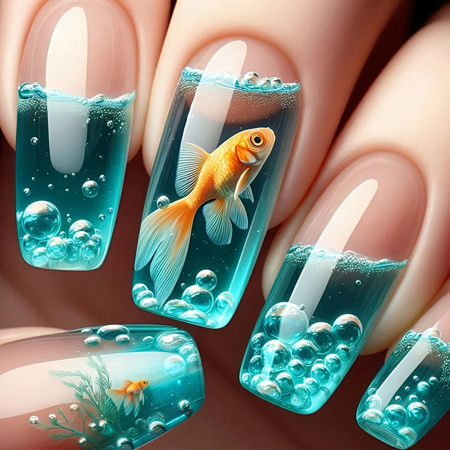 Blue Ocean Fish & Jellyfish Press-On Nails – Medium Long, 24 Pcs