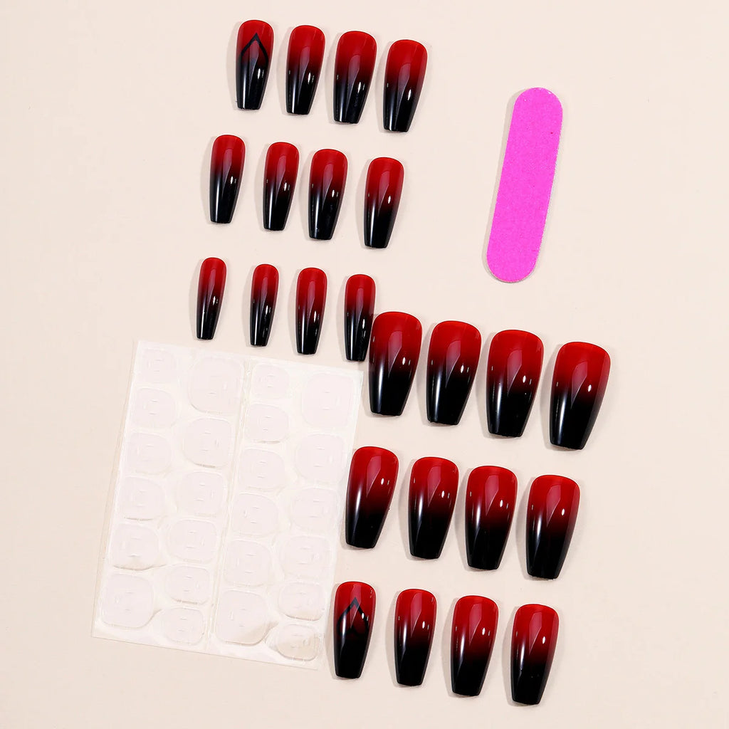 Gradient red black false nails cute heart print ballet shape for Valentine's Day full cover reusable press on Artificial Nails