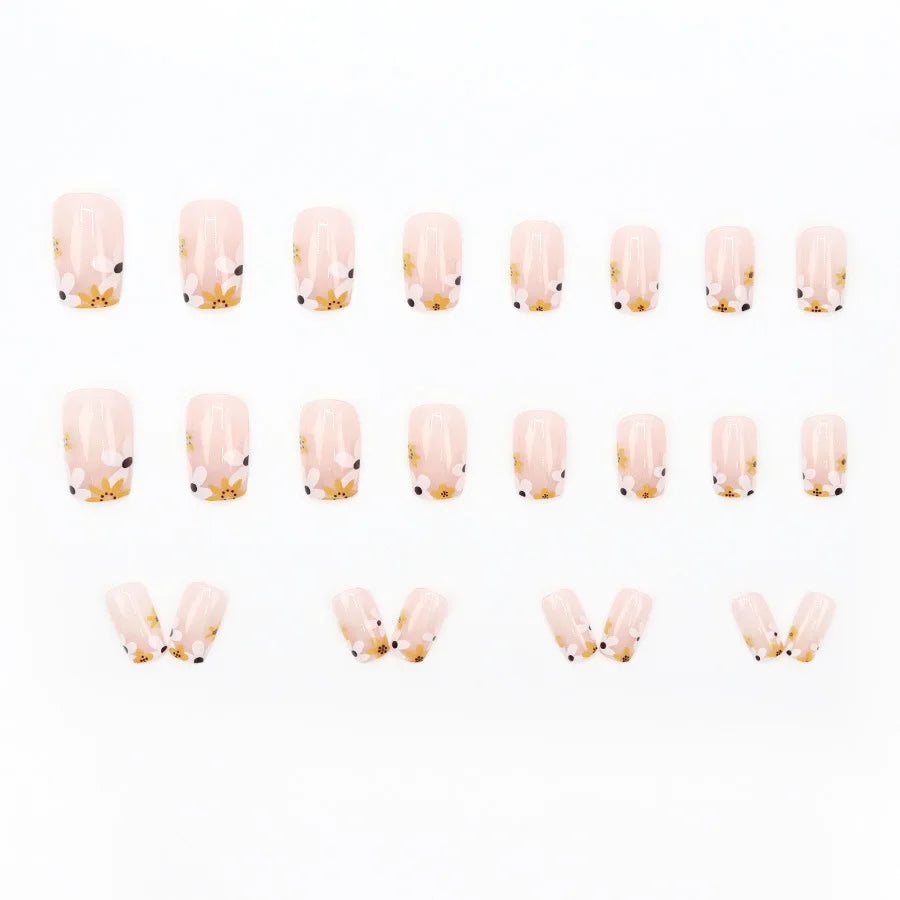 Nude square fake nails with fresh yellow white flowers print for women french style design full cover press on false nail set