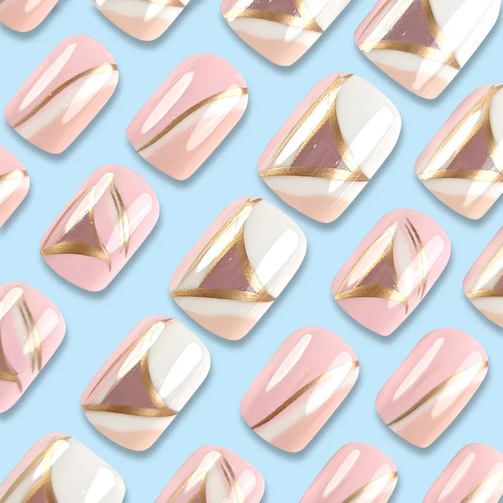 Short fake nails for women creamy white dusty pink lavender purple soft orange with champagne golden strips press on false nails