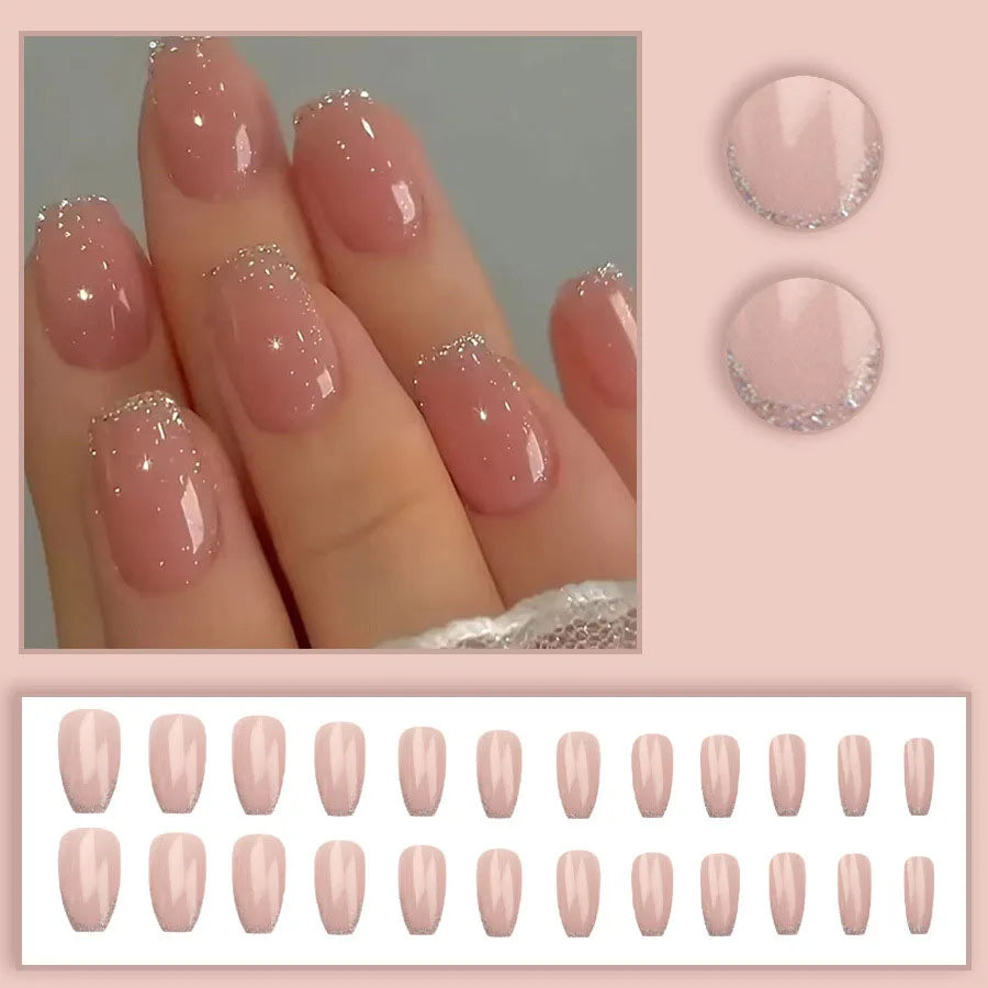 Short Medium fake nails for women gilr nude nail tips with glitters edge frame full cover reusable press on Artificial Nails set