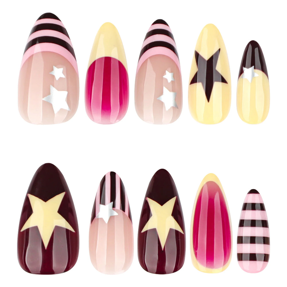 Colorful Star & Stripe French Y2K Press-On Nails – Almond, 24 Pcs