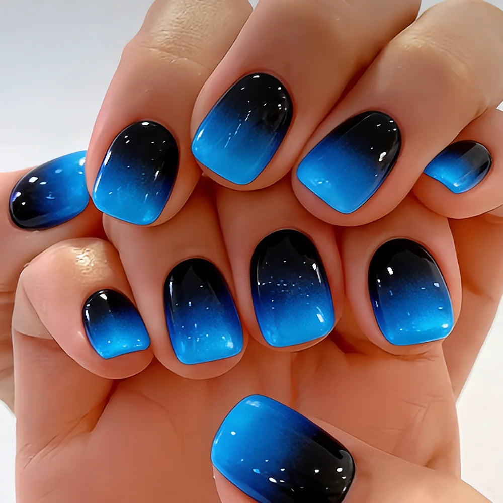 Short Square Fake Nails for Women Girls Gradient Black Purple Green Blue Red Colors Full Cover Manicure Press On False Nail Art