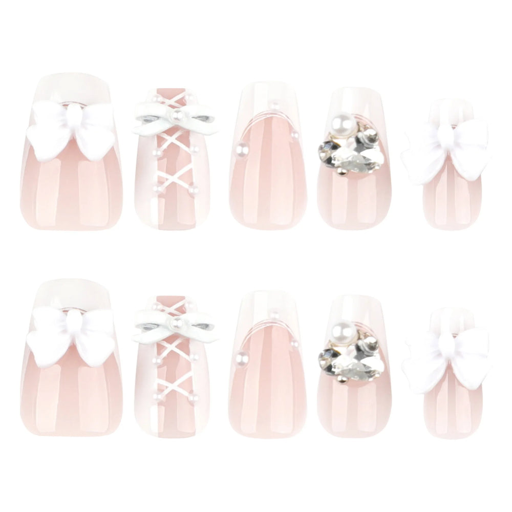 White 3D Bow Rhinestone French Press-On Nails – Short Square, 24 Pcs