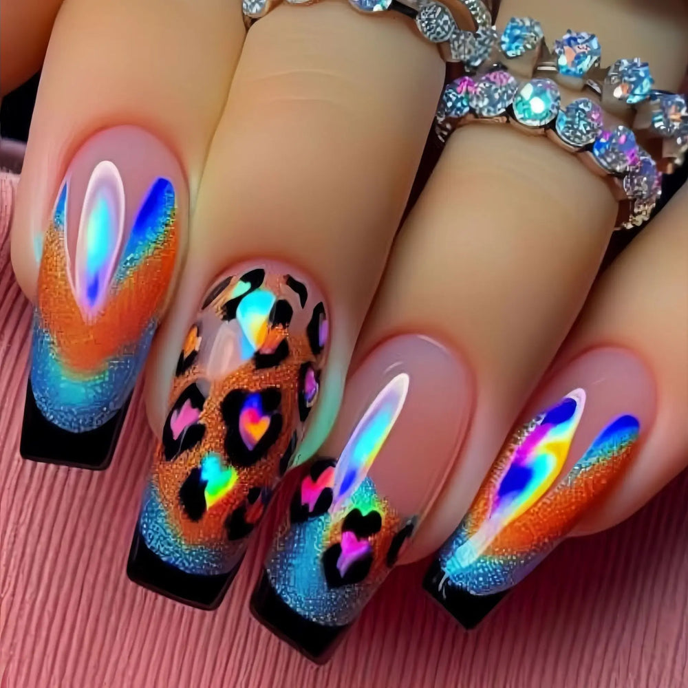 Purple Pink Blue Leopard Flame Y2K Press-On Nails – Square Ballet, Short/Medium/Long