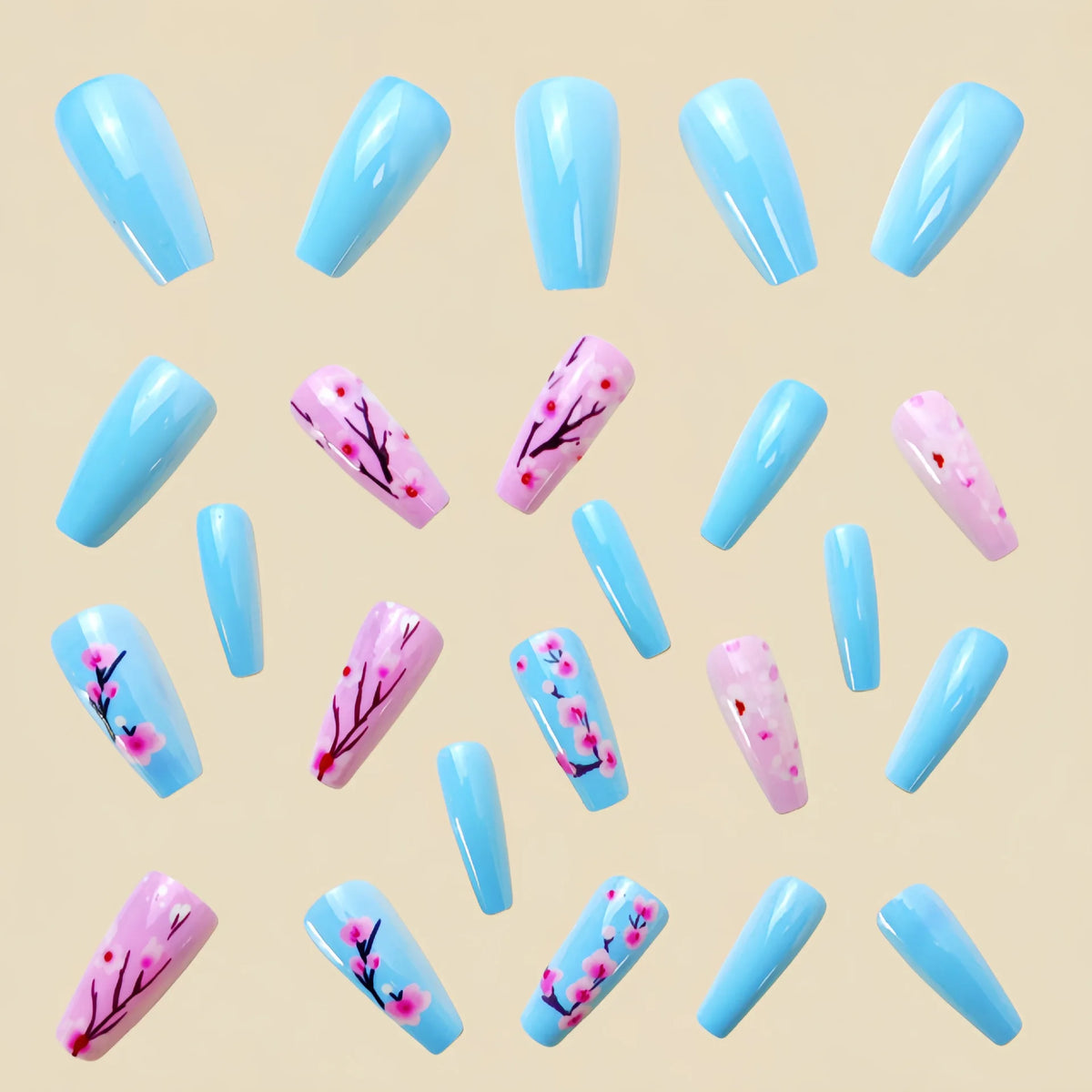 Medium long fake nails for women Blue Pink colors with flowers print glossy ballet nail tips full cover press on false nail set