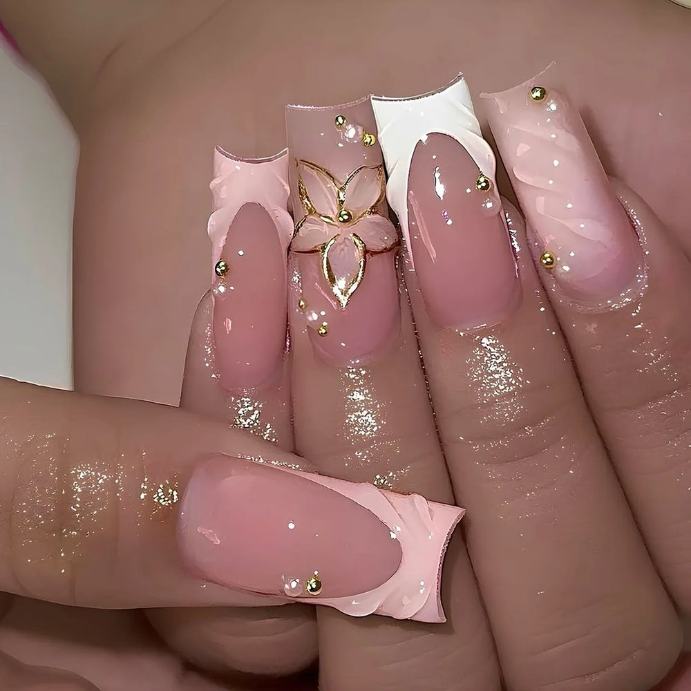 Yellow French Flower & Metal Butterfly Press-On Nails – Long Coffin, 24 Pcs